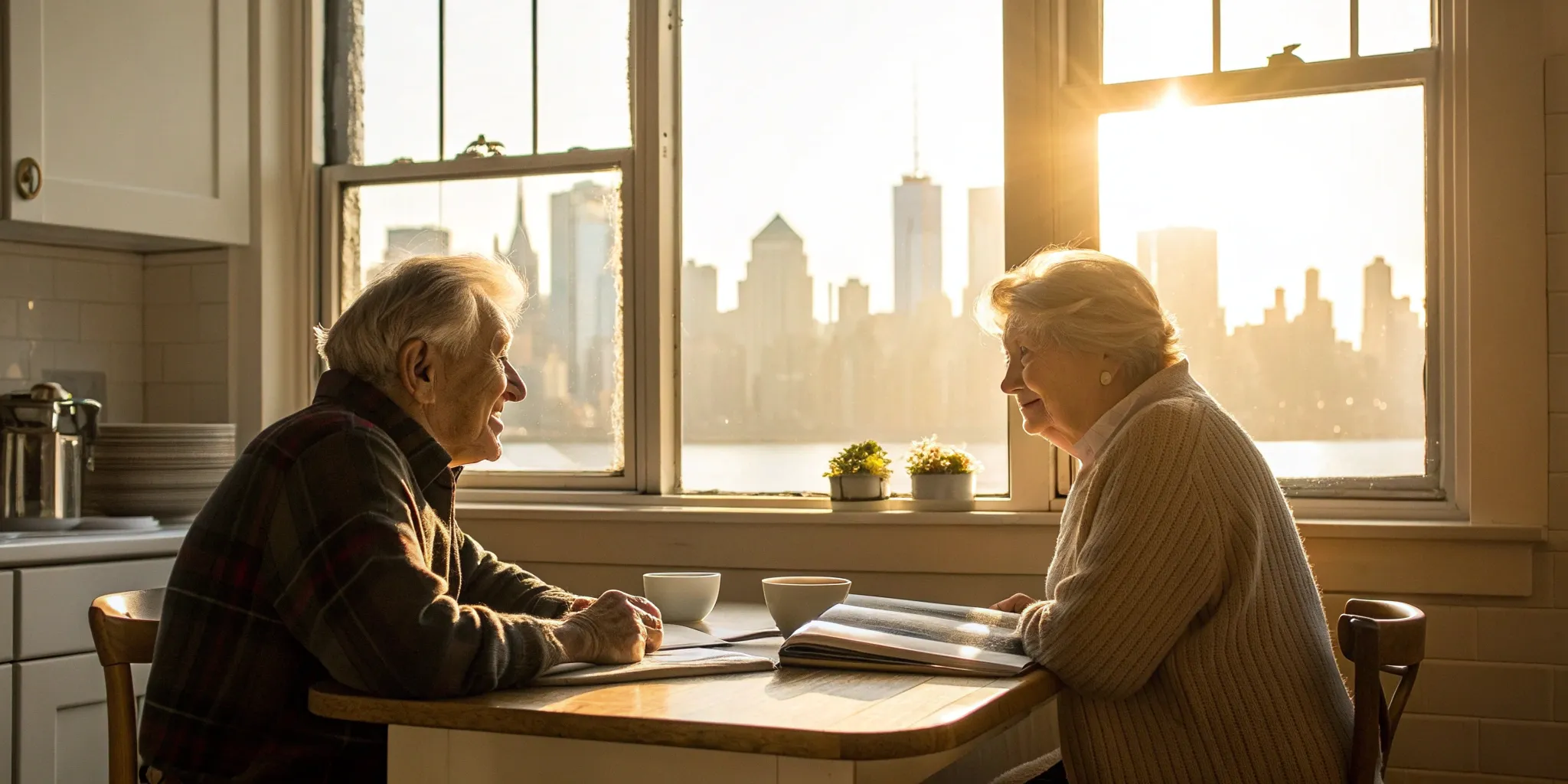 Senior couple with a New York view researching their options for Medigap plans.