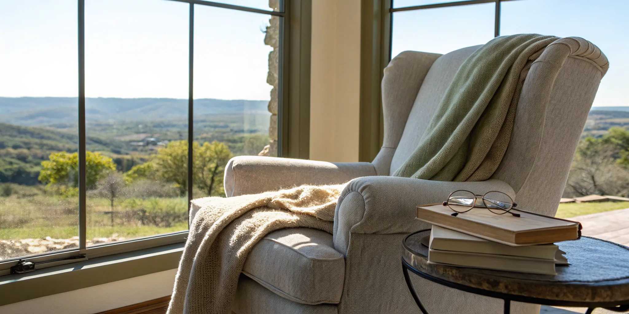 Researching Texas Medigap plans from a comfortable chair overlooking the Texas hill country.