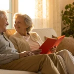 Senior couple on a sofa reviewing their Medicare supplements options.
