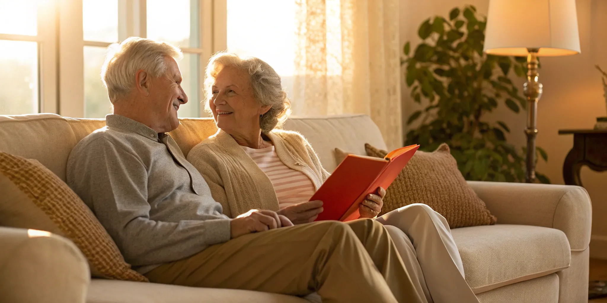 Senior couple on a sofa reviewing their Medicare supplements options.