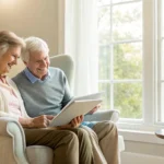 Smiling seniors comparing the best Medigap insurance companies on a tablet.