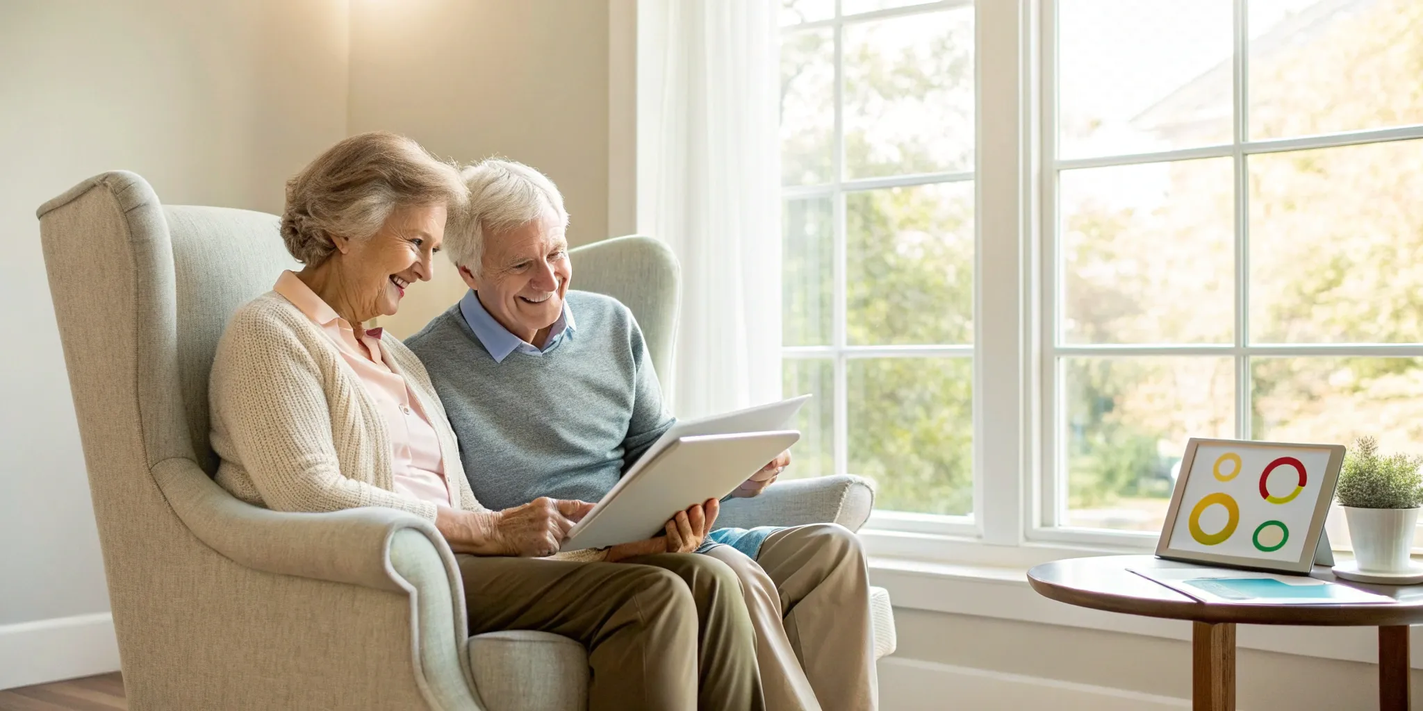 Smiling seniors comparing the best Medigap insurance companies on a tablet.