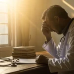 Doctor at a desk frustrated by paperwork from Medicare Advantage plans.