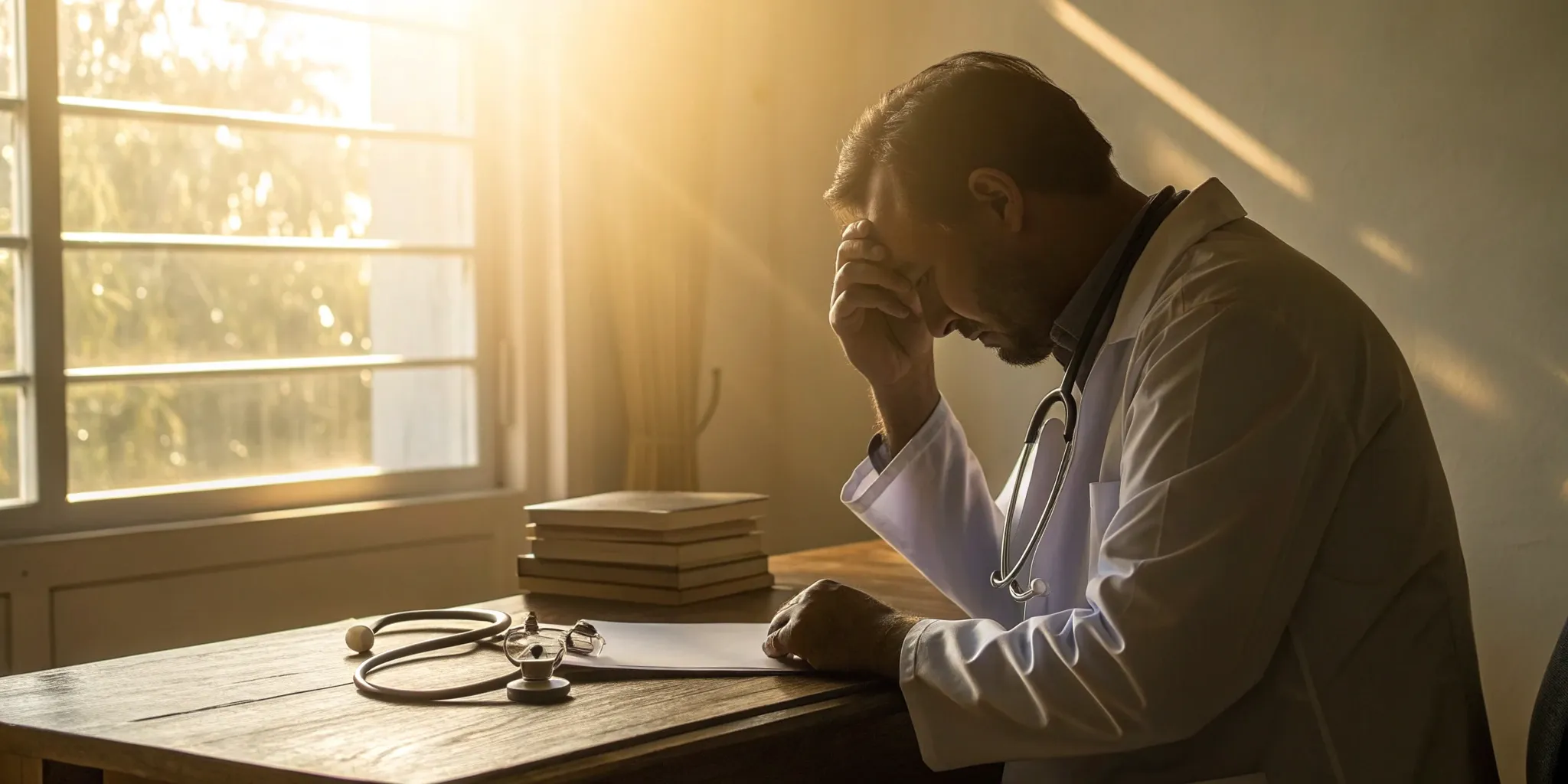 Doctor at a desk frustrated by paperwork from Medicare Advantage plans.