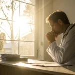 A frustrated doctor overwhelmed by paperwork from Medicare Advantage plans.