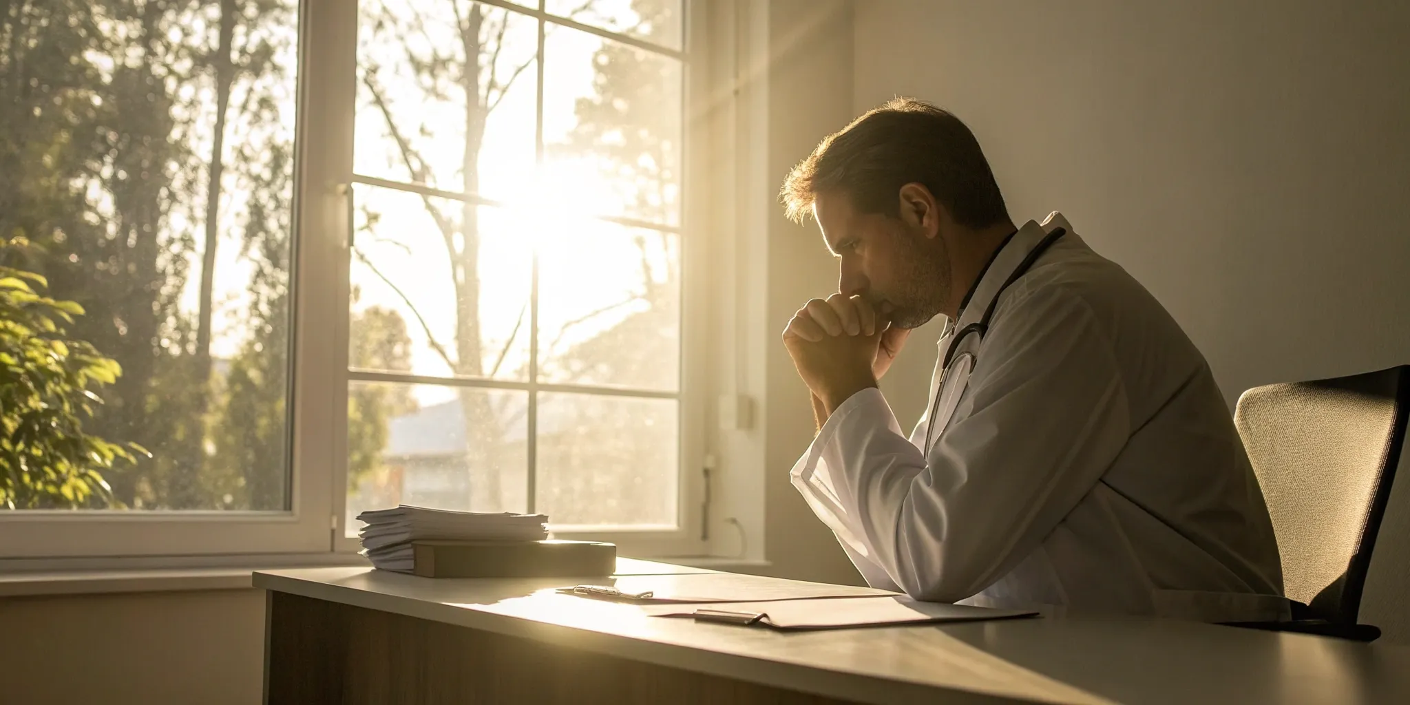 A frustrated doctor overwhelmed by paperwork from Medicare Advantage plans.