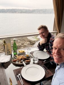 Karl and Nicholas having a meal together.