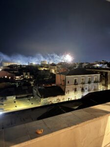 Fireworks in the distance.