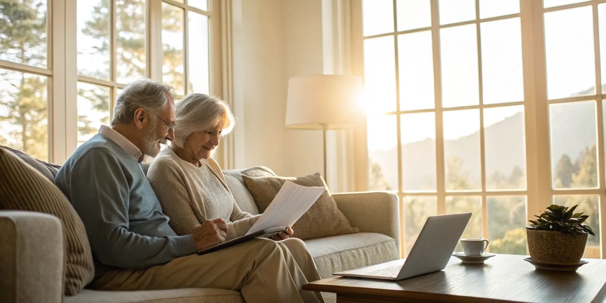 Senior couple reviewing Washington Medicare Advantage plans with a laptop and paperwork.