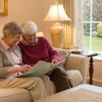 Senior couple on a couch reviewing documents to find a Medicare broker in my area.