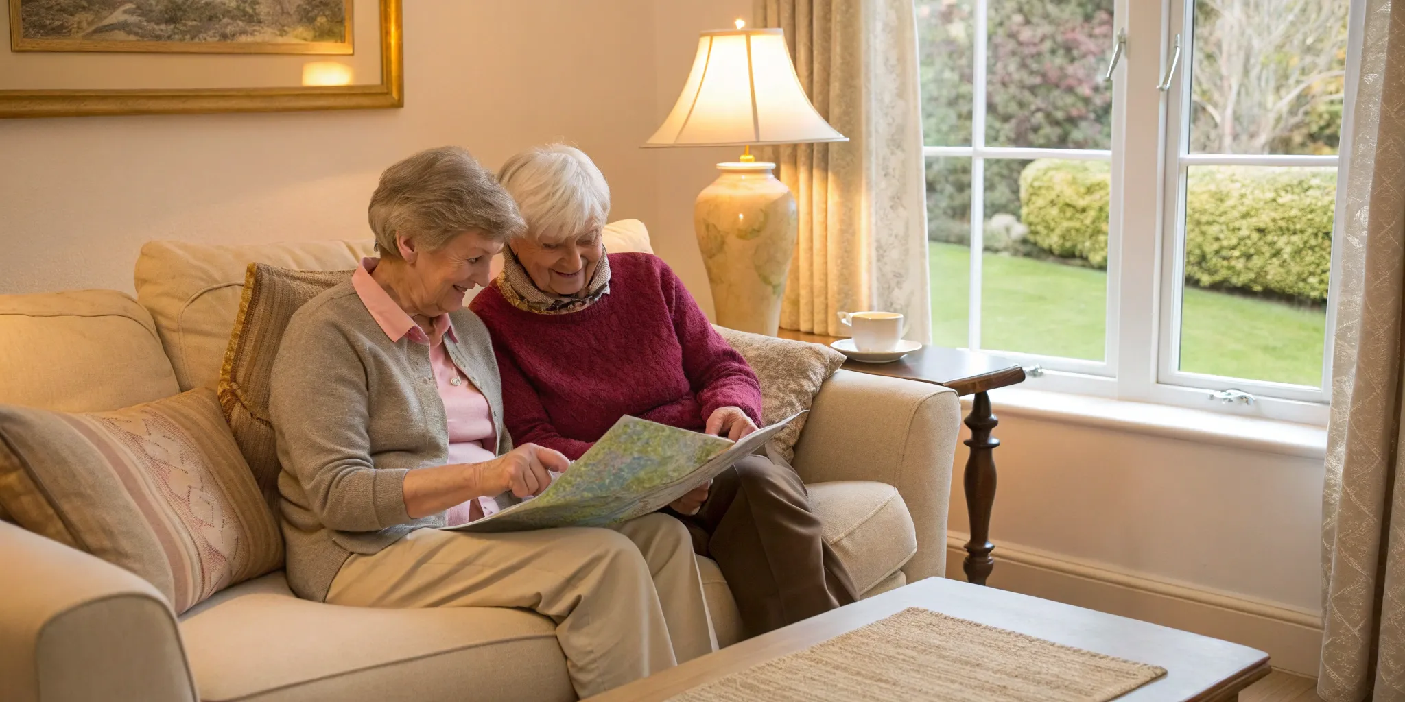 Senior couple on a couch reviewing documents to find a Medicare broker in my area.
