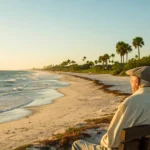 Senior couple on a bench in Florida discussing their Medigap plan options.