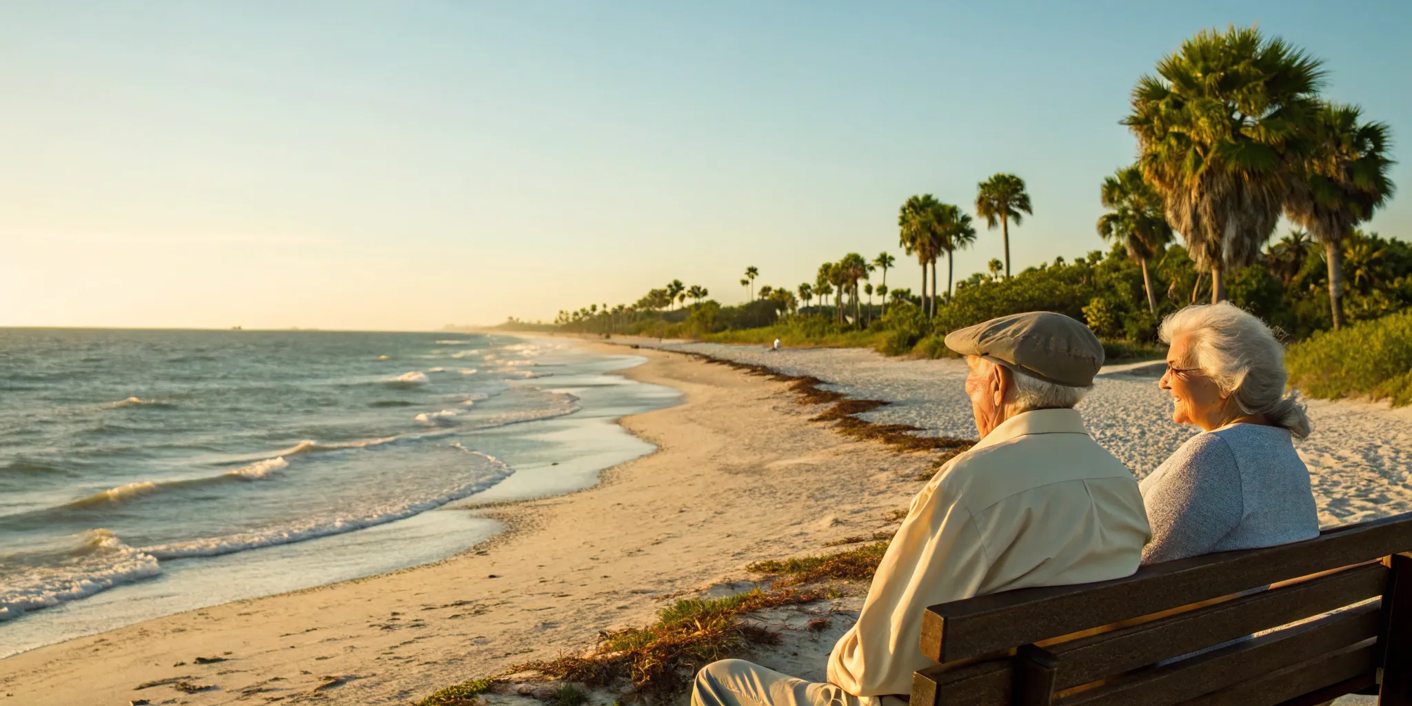 Senior couple on a bench in Florida discussing their Medigap plan options.