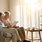 Happy couple on a sofa learning about what a Medicare Advantage plan is.