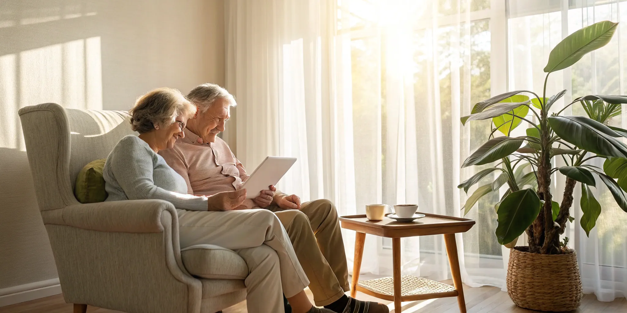 Happy couple on a sofa learning about what a Medicare Advantage plan is.