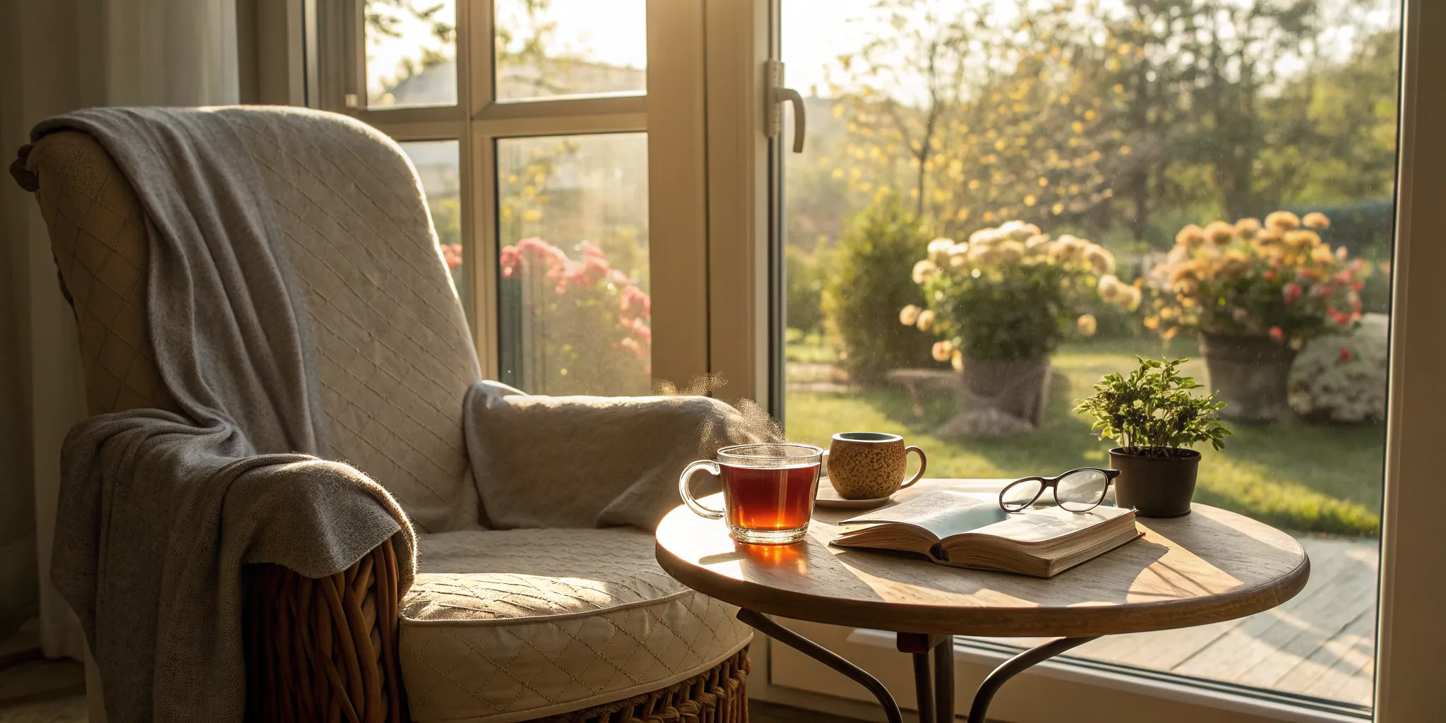 A comfortable setting with a book and glasses for learning about what a Medicare Advantage plan is.
