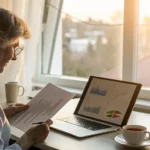 Woman researching Medicare insurance agent jobs on a laptop at a home office desk.