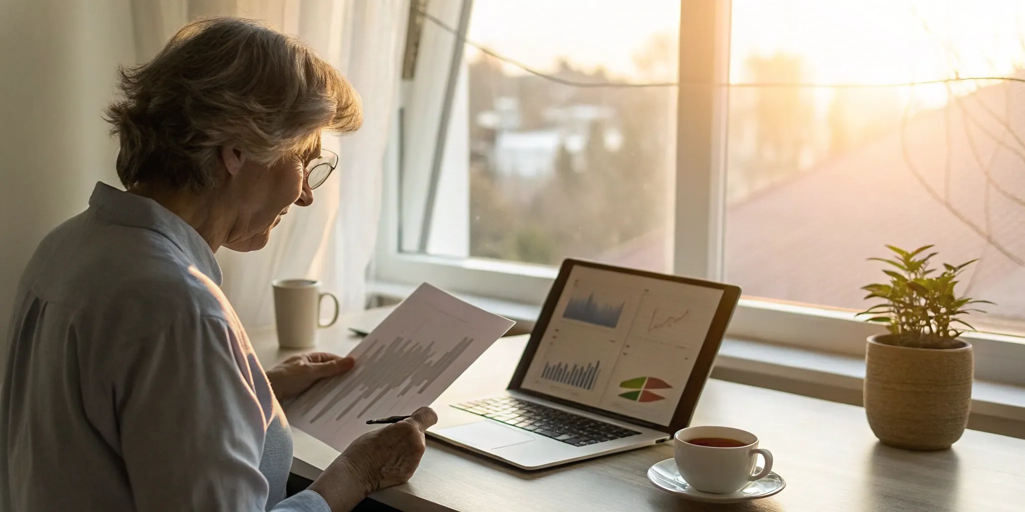 Woman researching Medicare insurance agent jobs on a laptop at a home office desk.