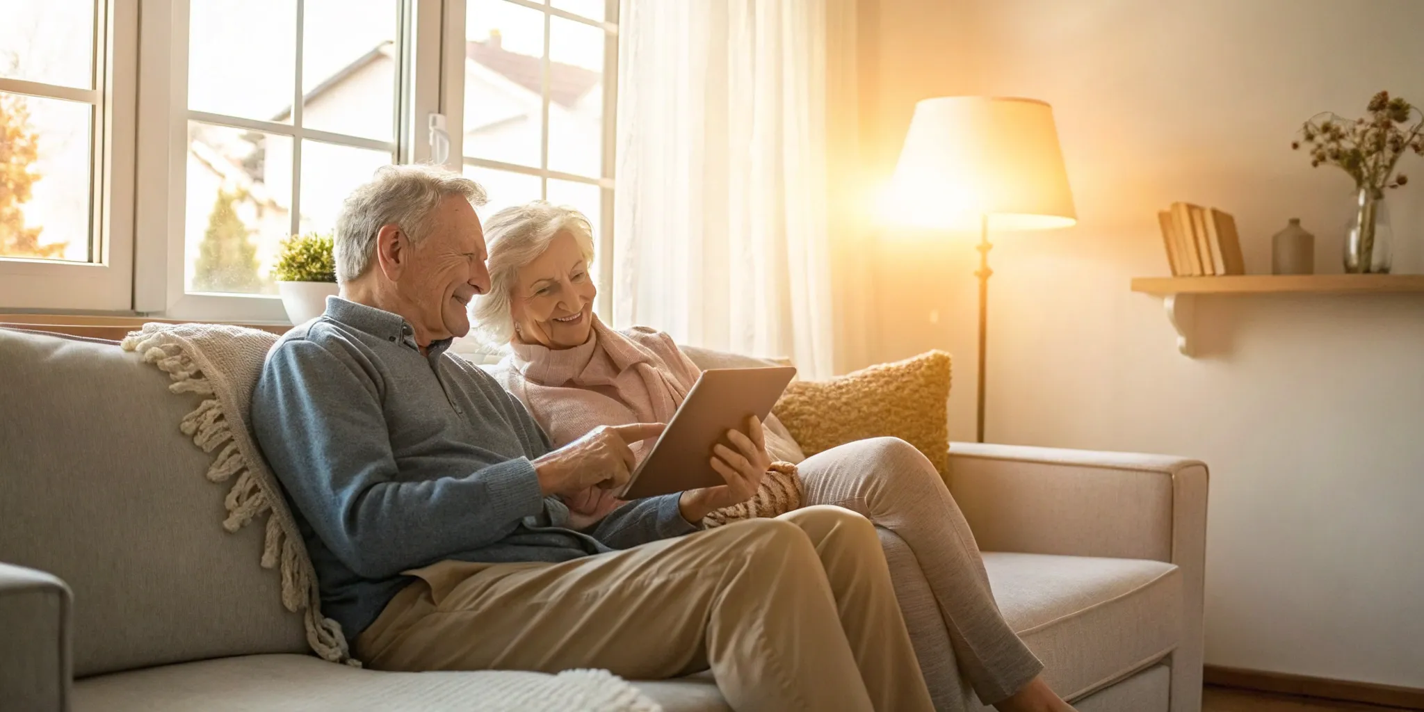 Senior couple comparing Oklahoma Medicare supplement plans on a tablet.