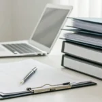 Comparing Medigap plans in PA with paperwork, binders, and a laptop on a desk.