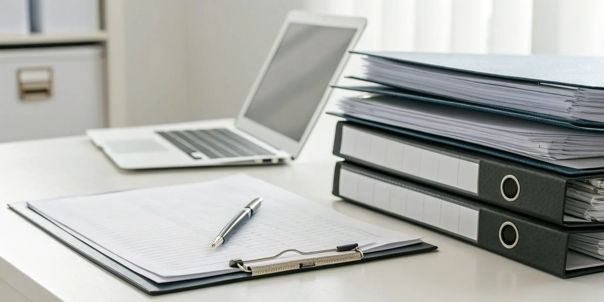 Comparing Medigap plans in PA with paperwork, binders, and a laptop on a desk.