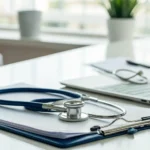 Doctor's desk with a clipboard and laptop for checking if insurance covers a dermatologist.