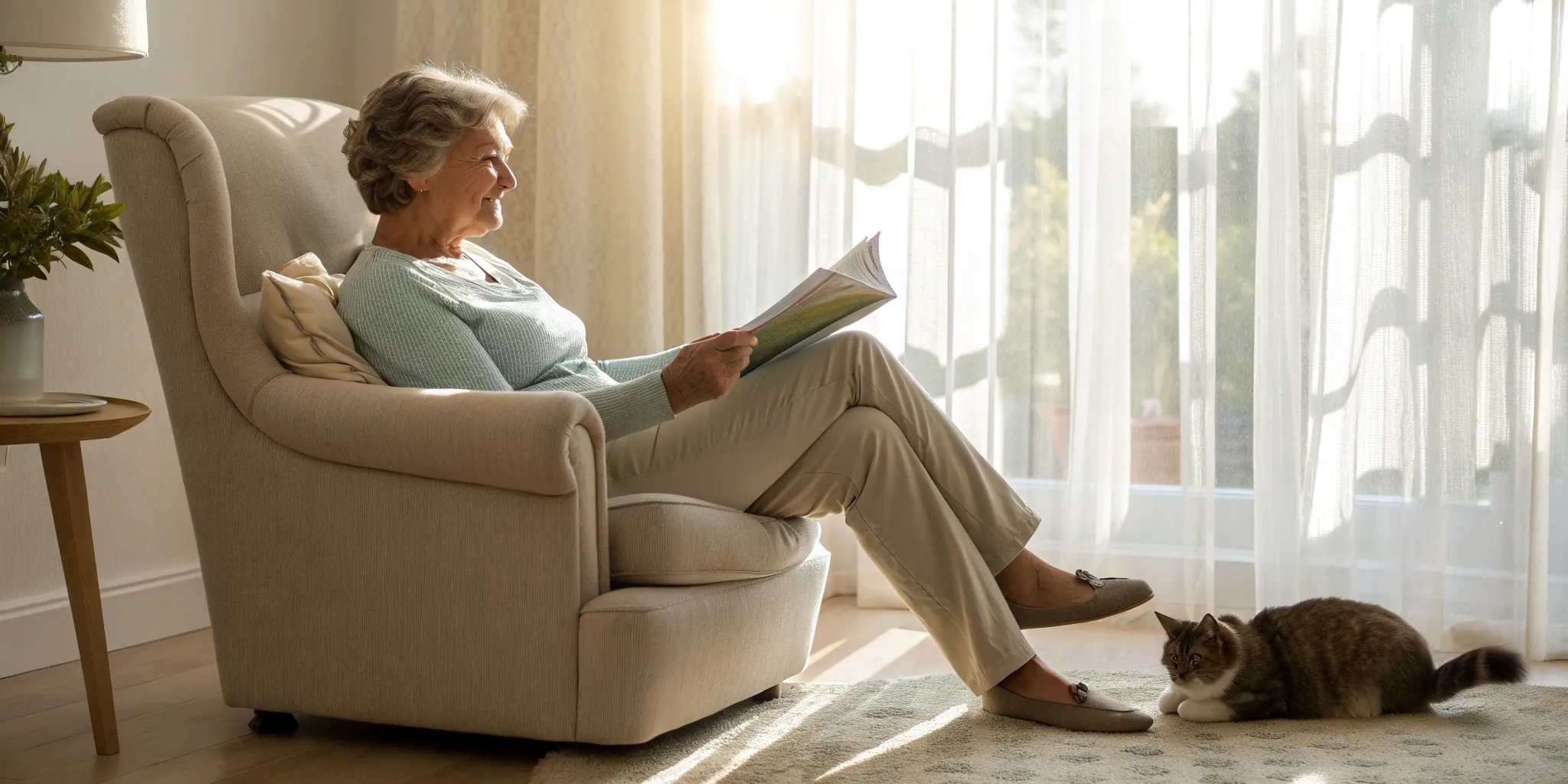 Woman in an armchair with her cat researching Oklahoma Medicare supplement options.
