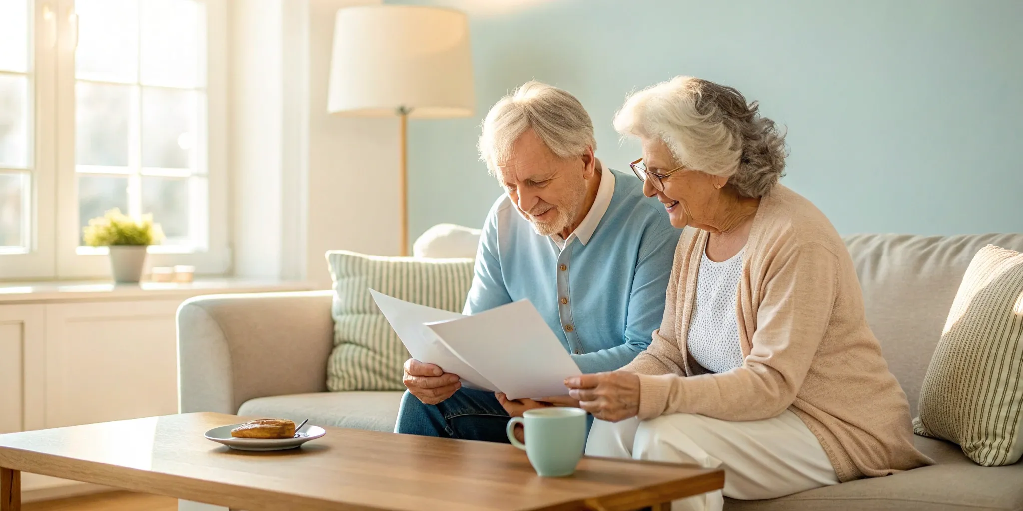 Senior couple reviewing Medicare documents to find the right insurance agent.
