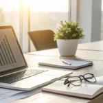 Laptop with a financial chart showing the salary growth for a Medicare insurance agent.