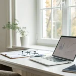 A desk with a laptop showing financial charts for a Medicare insurance agent's salary and commissions.