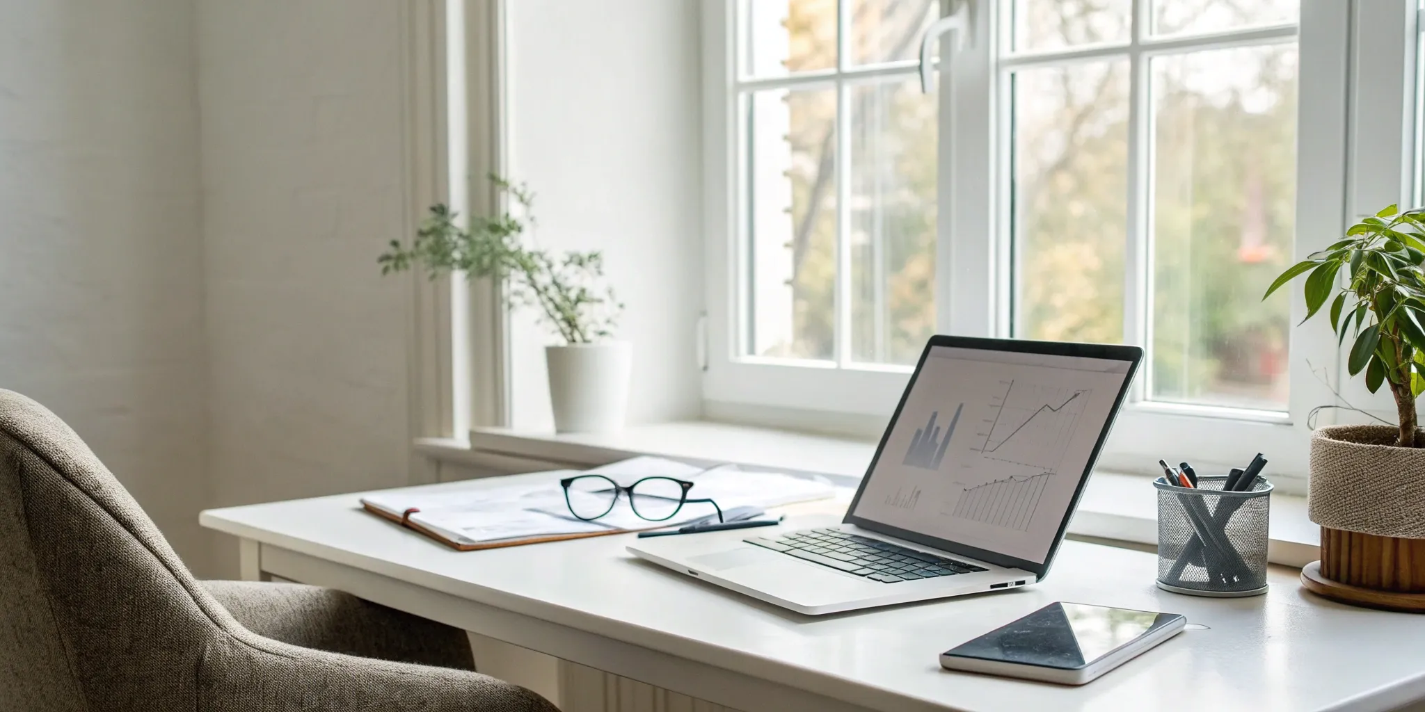 A desk with a laptop showing financial charts for a Medicare insurance agent's salary and commissions.