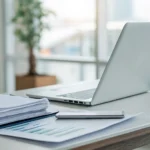 Laptop and documents on a desk for comparing Medigap plans in NJ.