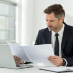 Man at a desk reviewing and comparing SelectQuote insurance services on his laptop.