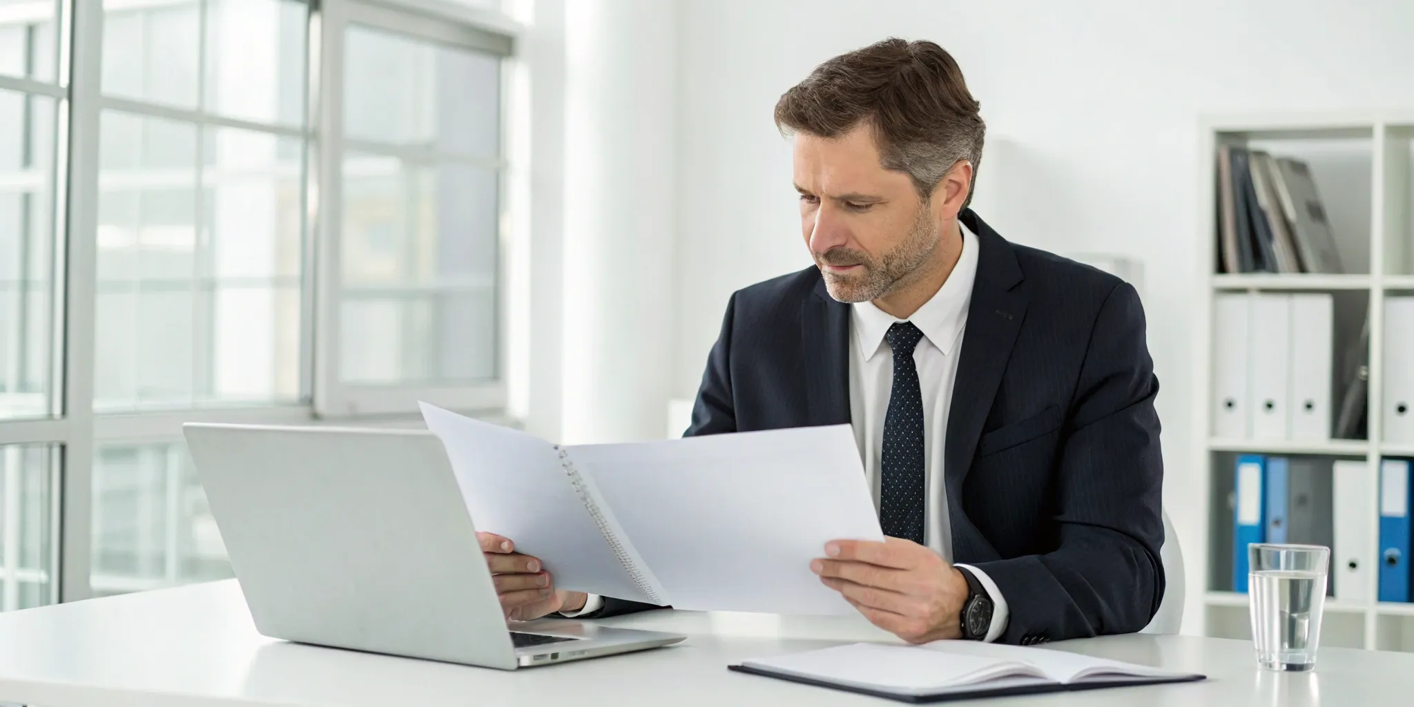 Man at a desk reviewing and comparing SelectQuote insurance services on his laptop.