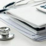 Stethoscope, calculator, and documents for choosing a Wisconsin Medigap plan.