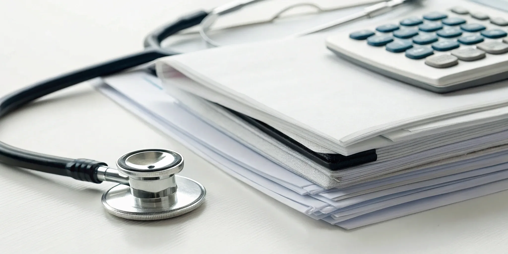 Stethoscope, calculator, and documents for choosing a Wisconsin Medigap plan.