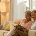 Smiling senior couple on a sofa researching South Carolina Medicare Advantage plans.