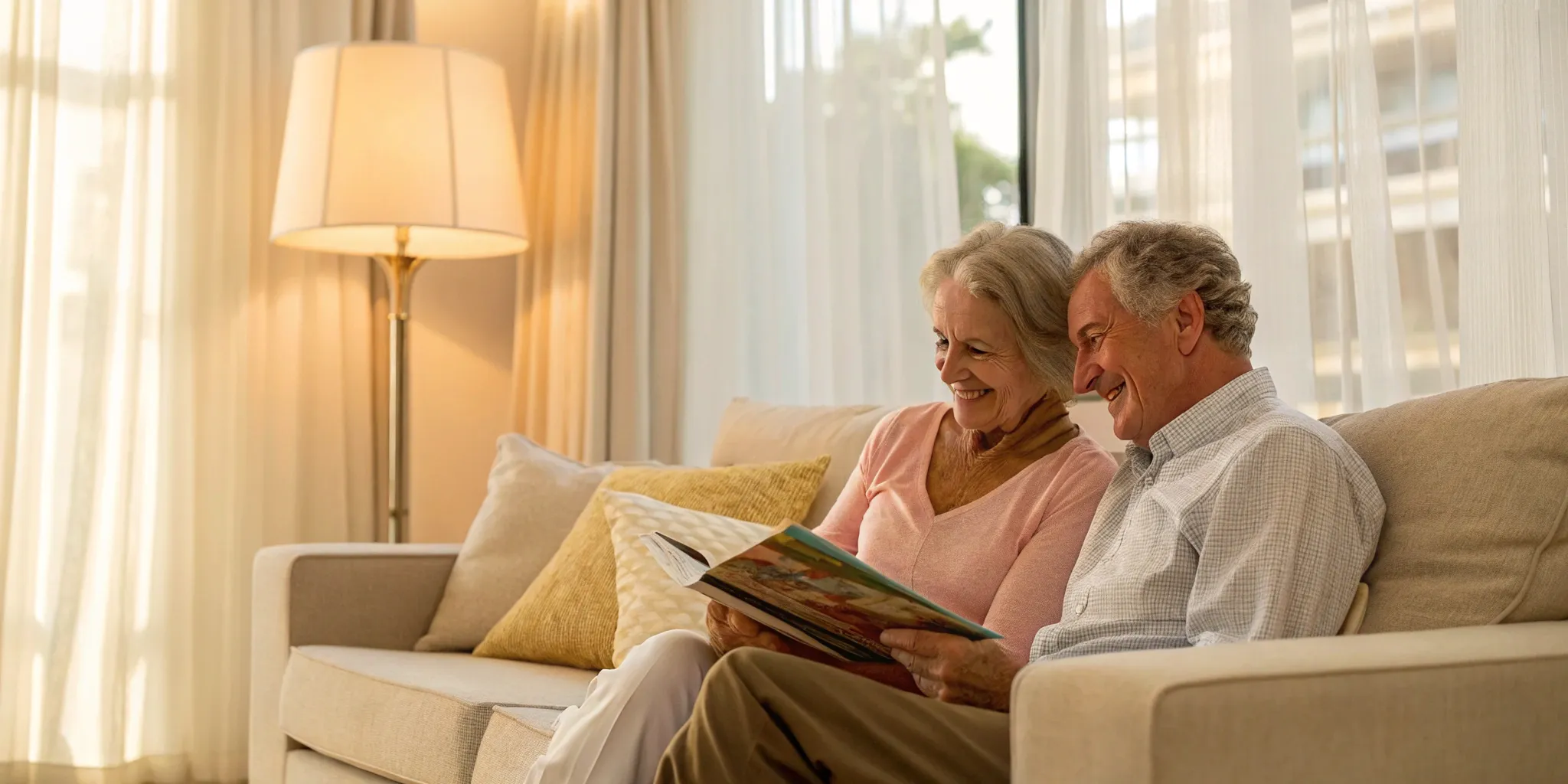Smiling senior couple on a sofa researching South Carolina Medicare Advantage plans.