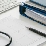 A desk with medical files and a calendar for comparing Medicare Advantage plan options.
