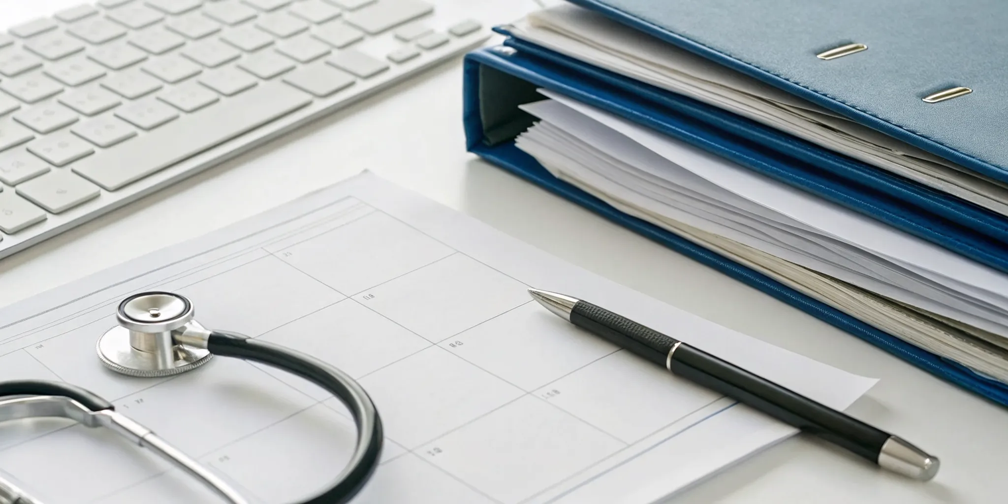 A desk with medical files and a calendar for comparing Medicare Advantage plan options.