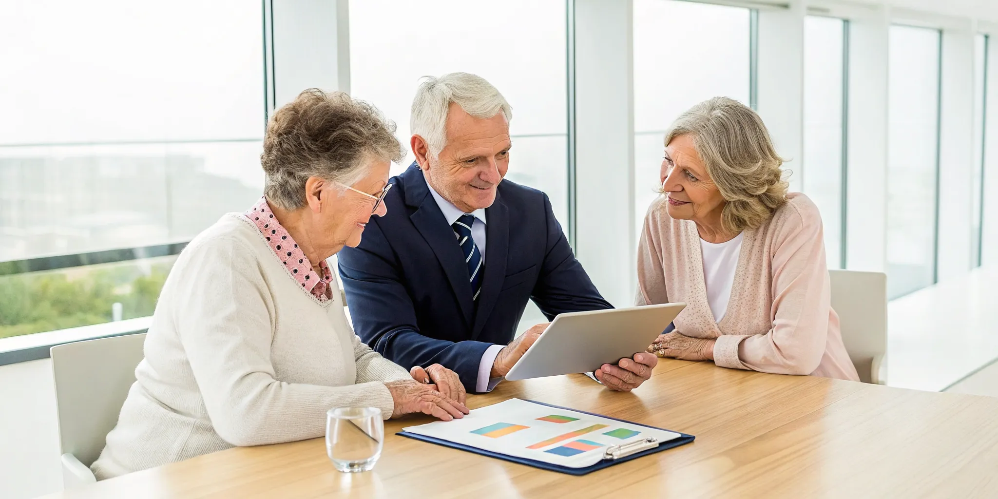 An advisor helps a couple compare Wisconsin Medicare Advantage plans on a tablet.