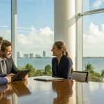 Florida health insurance brokers discussing coverage options in a professional office.