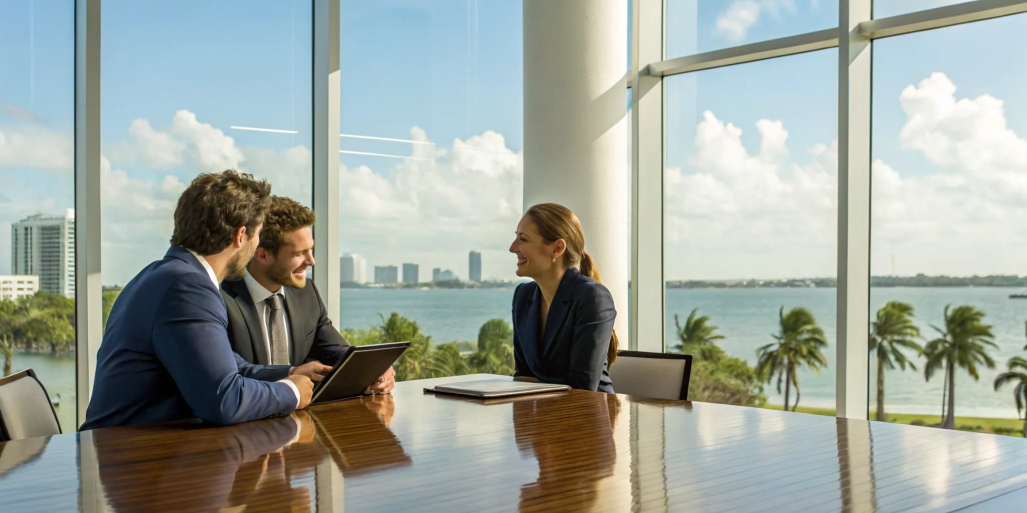 Florida health insurance brokers discussing coverage options in a professional office.