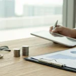 A person calculates the cost of Medicare supplement Plan G with charts and a calculator.