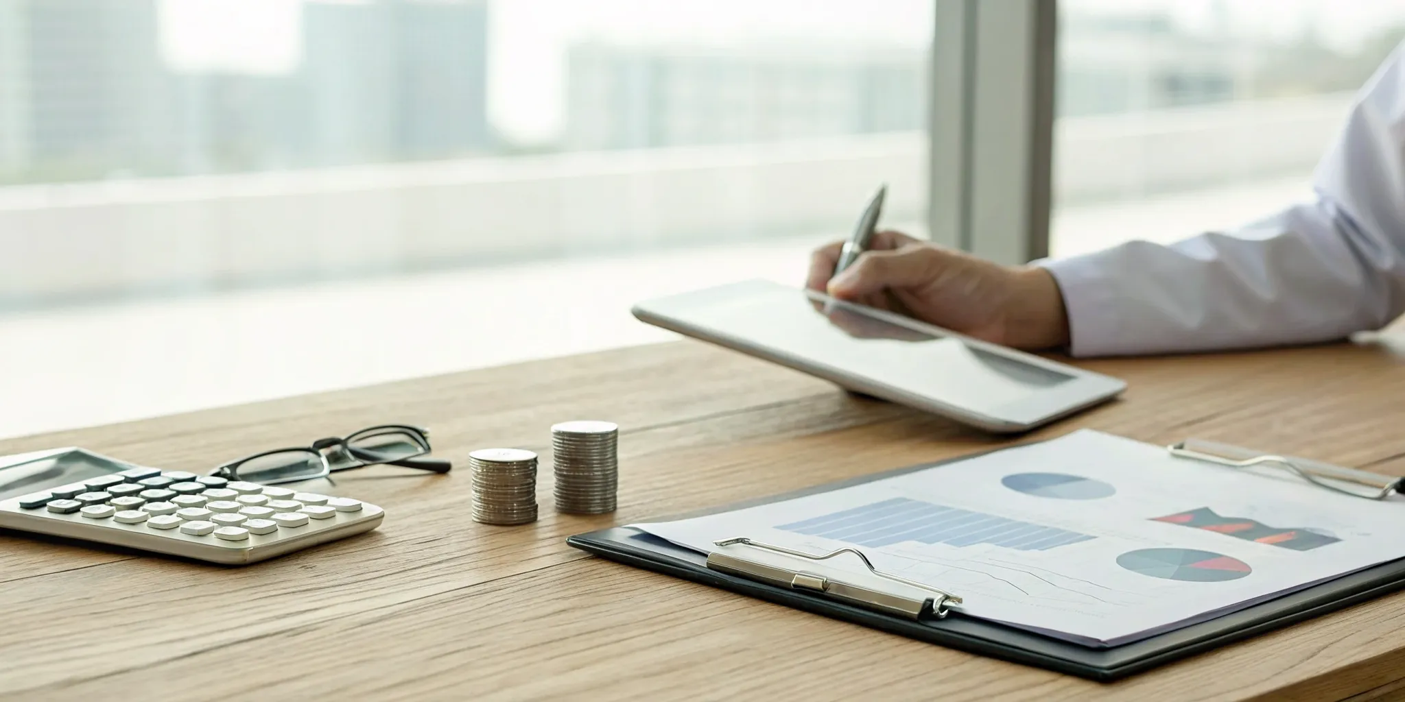 A person calculates the cost of Medicare supplement Plan G with charts and a calculator.