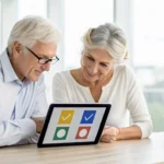 Senior couple comparing burial insurance quotes on a tablet at home.