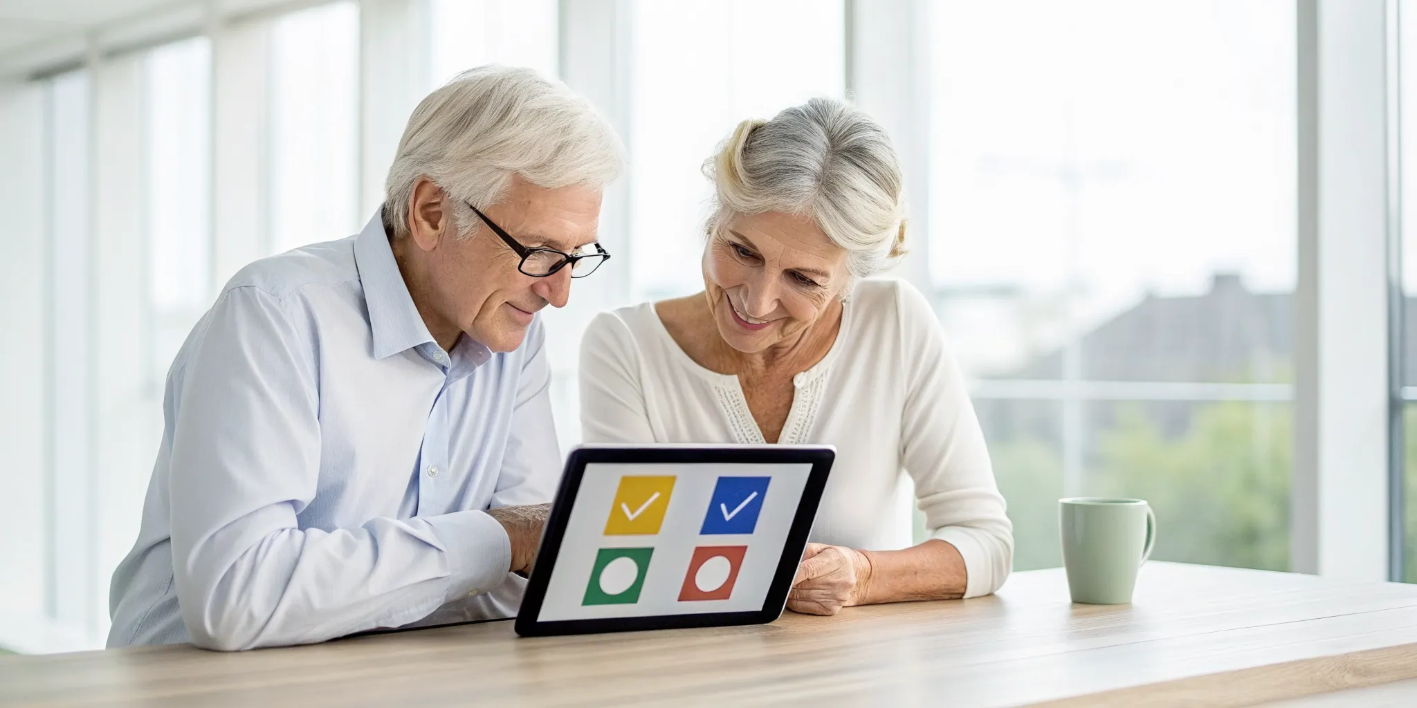 Senior couple comparing burial insurance quotes on a tablet at home.