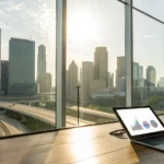 Comparing Houston, Texas Medicare Advantage plans on a laptop overlooking the city skyline.
