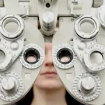 Senior woman receiving an eye exam at an optometrist office, representing Medicare vision coverage options