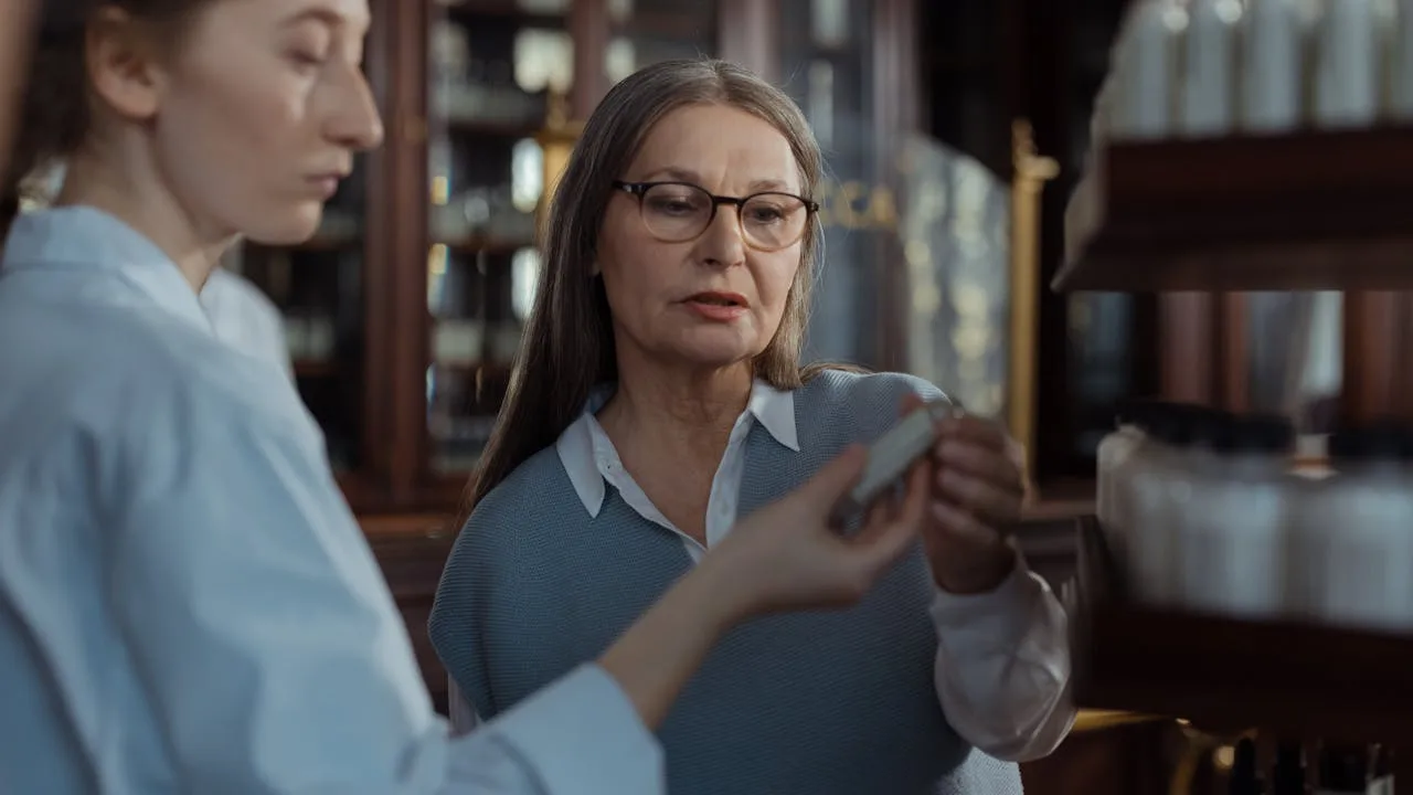 Senior woman discussing prescription medication options with a pharmacist at a pharmacy counter